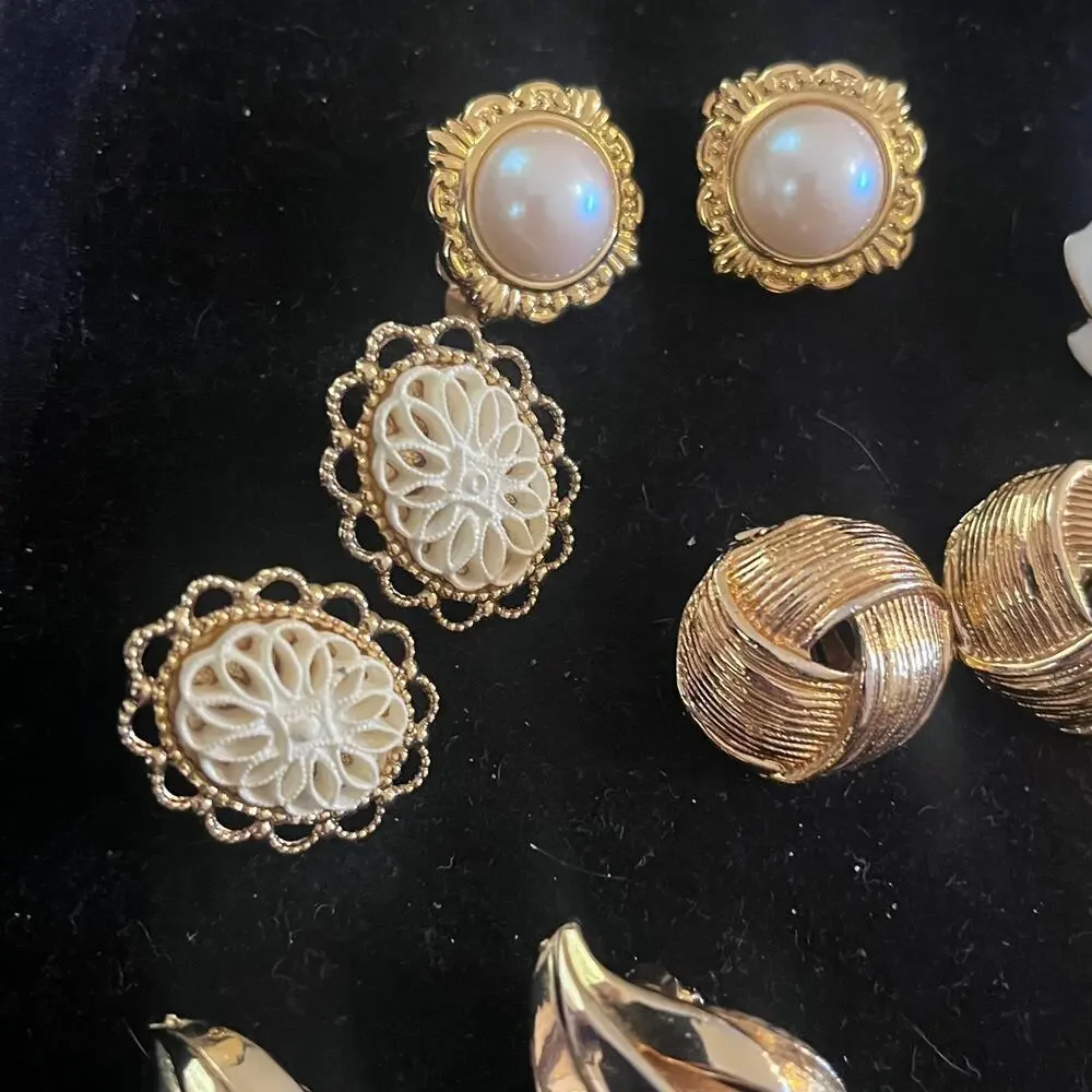 Vintage collectors lot of 7 pair gold and white pearl and filigree clip earrings